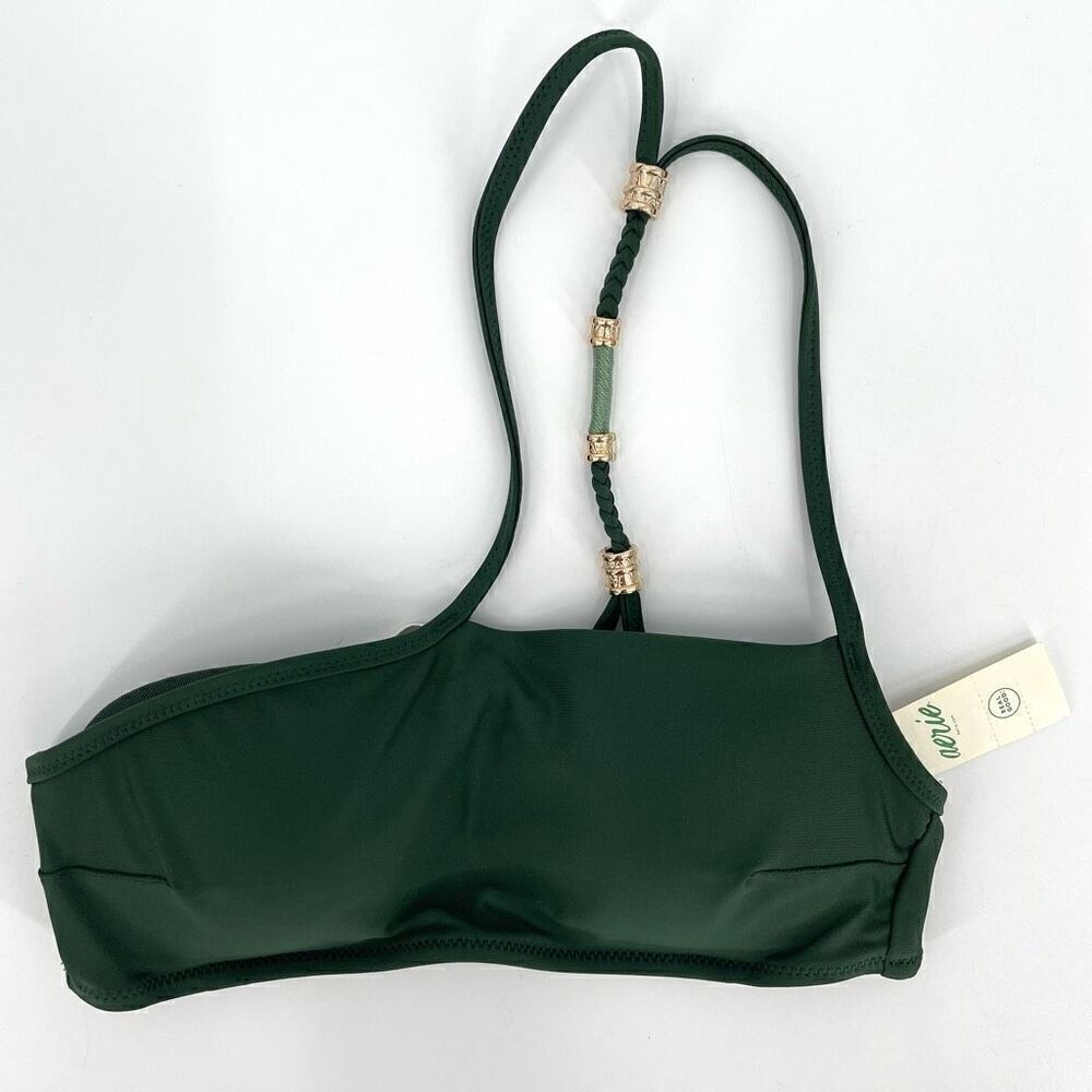 Aerie One‎ Shoulder Beaded Bandeau Bikini Top Women XXS Green NWT